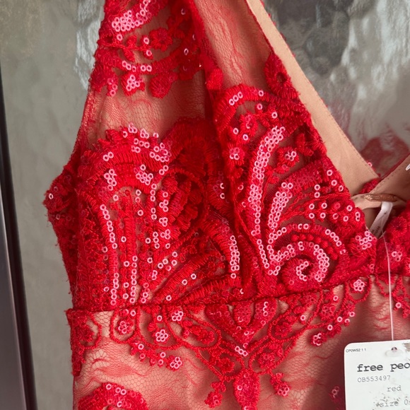 NWT Free People Red Sequin Embroidered Slip Dress - Picture 5 of 8